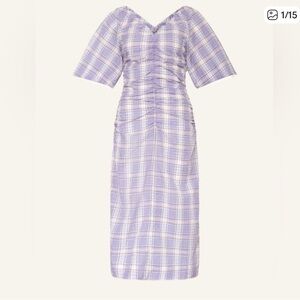 Ganni Seersucker Check Ruched Midi Dress Organic Cotton Blend Size 4 /36